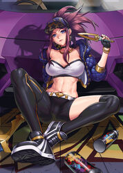  abs akali asymmetrical_legwear bangle baseball_cap black_legwear blue_eyes bracelet breasts car choker commentary crop_top cropped_jacket earrings female fingerless_gloves full_body gloves gonster hat highres holding holding_weapon jacket jewelry k/da_(league_of_legends) k/da_akali kunai league_of_legends long_sleeves looking_at_viewer medium_breasts midriff motor_vehicle navel purple_hair shoes sneakers solo spray_can spread_legs strapless thighhighs tied_hair tube_top uneven_legwear weapon 