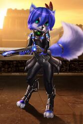  2019 3_toes absurd_res anthro biped black_nose blue_body blue_fur blue_hair camel_toe canid canine claws clothed clothing digital_media_(artwork) digitigrade feet female footwear fox fully_clothed fur green_eyes hair hi_res krysi mammal nintendo shoes short_hair skinsuit solo star_fox tight_clothing tight_suit toeless_footwear toeless_shoes toes v-tal vtalfluffy white_body white_fur young young_anthro 