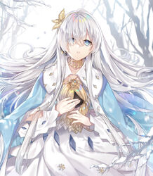  anastasia_(fate) bare_tree blue_cloak blue_eyes blush butterfly_hair_ornament cloak commentary crown doll dress eyes_visible_through_hair fate/grand_order fate_(series) female hair_ornament hair_over_one_eye light_brown_hair long_hair looking_at_viewer mini_crown parted_lips pingo royal_robe solo tree very_long_hair viy_(fate) white_dress white_hair 