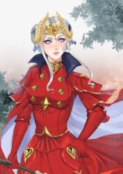  aristocratic_clothes cape commentary_request crown double_bun edelgard_von_hresvelg elbow_gloves fake_horns female fire_emblem fire_emblem:_three_houses gloves hair_bun holding horned_headwear horns kairiwhisper purple_eyes solo white_hair 