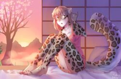  anthro biped brown_hair clothed clothing digital_media_(artwork) felid female fur hair hi_res leopard mammal markings pantherine poofroom sitting snow_leopard solo spots spotted_body spotted_fur 