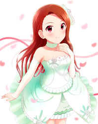  bad_id bad_pixiv_id blush bow brown_hair choker closed_mouth collarbone cowboy_shot detached_sleeves dress female highres idolmaster idolmaster_(classic) jewelry long_hair long_sleeves looking_up minase_iori nail_polish ornate_ring outstretched_arm petals pink_nails pink_ribbon red_eyes ribbon ring runmo77 short_dress smile solo standing strapless strapless_dress very_long_hair wedding_dress wedding_ring white_background white_bow white_dress 