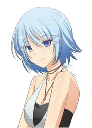  blue_eyes blue_hair breasts cleavage closed_mouth collarbone commentary_request female hair_between_eyes hair_ornament himuro_rikka jewelry lizta looking_at_viewer medium_breasts necklace shiny_skin short_hair simple_background sleeveless smile solo tropical_kiss upper_body white_background 