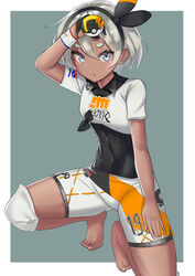  abs absurdres barefoot bea_(pokemon) black_gloves bodysuit bodysuit_under_clothes breasts commentary covered_navel crop_top dark-skinned_female dark_skin female gloves grey_background grey_eyes grey_hair hair_between_eyes hairband highres knee_pads looking_at_viewer orange_gloves poke_ball pokemon pokemon_swsh rui_p shirt short_hair short_shorts short_sleeves shorts simple_background single_glove small_breasts solo spread_legs squatting thick_eyebrows tied_shirt two-tone_gloves ultra_ball wristband 