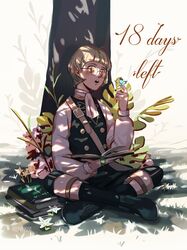  1boy artist_name bad_id bad_pixiv_id blonde_hair blush book boots bug butterfly commentary_request countdown fire_emblem fire_emblem:_three_houses flower garreg_mach_monastery_uniform glasses grass highres ignatz_victor leaf male_focus open_mouth renkkai sitting solo teeth tree yellow_eyes 