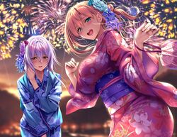  2girls :d aerial_fireworks aqua_eyes ayase_kaya ayase_touka_(piromizu) blonde_hair blue_kimono blush breasts brown_eyes commentary_request cowboy_shot fireworks floral_print flower hair_between_eyes hair_flower hair_ornament half-closed_eyes japanese_clothes kimono large_breasts leaning_forward long_hair looking_at_viewer multiple_girls obi open_mouth outdoors pink_kimono piromizu purple_hair sash sidelocks sistart! smile sunset wide_sleeves wind 