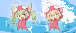  2girls :d aged_down anchovy_(girls_und_panzer) anglerfish_costume anglerfish_dance arm_up blonde_hair blue_eyes blue_sky blush_stickers bodysuit commentary dancing day drill_hair fish_costume fish_hat girls_und_panzer green_hair hand_on_own_hip hat head_tilt highres jinguu_(4839ms) katyusha_(girls_und_panzer) lolicon long_hair multiple_girls oerba_yun_fang open_mouth outdoors pink_bodysuit pink_headwear red_eyes short_hair sky smile standing twin_drills twintails waves 