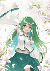  :d arm_up armpits commentary detached_sleeves female flan_(seeyouflan) flower frog_hair_ornament green_eyes green_hair green_skirt hair_ornament hair_tubes highres kochiya_sanae long_hair looking_at_viewer midriff_peek navel open_mouth petals photoshop_(medium) shirt skirt smile snake_hair_ornament solo touhou very_long_hair waving white_shirt wide_sleeves wing_collar 