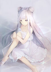  azur_lane bare_arms bare_shoulders blue_eyes blush closed_mouth commentary_request double_bun dress female flower frilled_dress frills hair_bun hanagin highres knee_up le_malin_(azur_lane) le_malin_(sleepy_sunday)_(azur_lane) long_hair rose shoes sitting sleeveless sleeveless_dress solo very_long_hair white_dress white_flower white_footwear white_hair white_rose 