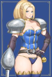  adapted_costume armor belt black_gloves blonde_hair blue_background blue_eyes braid breasts bustier charlotte_christine_de_colde cleavage commentary_request elbow_gloves eyeshadow female forehead french_braid gloves groin hair_pulled_back highres holding holding_sword holding_weapon legs_together lips long_hair looking_at_viewer makeup medium_breasts no_pants panties pauldrons ponytail purple_legwear purple_panties rapier samurai_spirits scabbard sheath shigenobu shoulder_armor solo standing sword thick_thighs thighs underwear weapon 