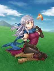  bangle bare_shoulders bird black_gloves black_legwear blue_scarf boots bracelet cloud cloudy_sky dress elbow_gloves female fingerless_gloves fire_emblem fire_emblem:_radiant_dawn gloves grass hair_ribbon half_updo highres image_sample jewelry micaiah nmuzms outdoors ribbon scarf side_slit silver_hair sitting sky sleeveless sleeveless_dress smile solo twitter_sample wind wind_lift yellow_eyes yune 