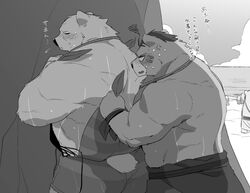  00makumakuma00 2019 anthro ass beach bear black_nose blush bodily_fluids bottomwear clothing crushfang_(sdorica_sunset) dagger_(sdorica_sunset) group humanoid_hands japanese_text kumao male mammal monochrome overweight overweight_male polar_bear sdorica seaside shorts sweat text ursine water 