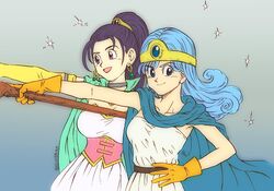  2girls artist_name blue_eyes blue_hair breasts cape choker circlet commentary_request corset dated dragon_quest dragon_quest_iii dragon_quest_xi dress earrings gloves gradient_background hand_on_own_hip jewelry medium_breasts multiple_girls open_mouth ponytail purple_eyes purple_hair sage_(dq3) senica_(dq11) shinobibe_himika signature smile strapless strapless_dress white_dress yellow_gloves 