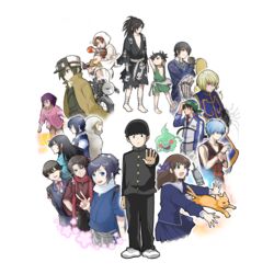  3girls 6+boys absurdres animal annotated axis_powers_hetalia barefoot basketball_uniform black_hair blonde_hair blue_eyes blue_hair blue_skirt brown_jacket carrying clenched_hand commentary_request crossover dororo_(character) dororo_(tezuka) ekubo_(mob_psycho_100) frown fruits_basket gundam gundam_00 hat hermes_(kino_no_tabi) highres honda_tohru horikawa_kunihiro hunter_x_hunter hyakkimaru_(dororo) izumi-no-kami_kanesada jacket jude_mathis kageyama_shigeo kaido_kaoru kashuu_kiyomitsu kino_(kino_no_tabi) kino_no_tabi kurapika kuroko_no_basuke kuroko_tetsuya long_hair mikazuki_munechika mob_psycho_100 multiple_boys multiple_crossover multiple_girls nukuyu_oekk open_mouth piggyback red_eyes reverse_trap school_uniform sidelocks simple_background skirt smile souma_kyou souma_yuki southern_italy_(hetalia) spain_(hetalia) sportswear standing tales_of_(series) tales_of_xillia tennis_no_ouji-sama tieria_erde tomato touken_ranbu v white_background wristband yamanbagiri_kunihiro yamato-no-kami_yasusada yellow_eyes 