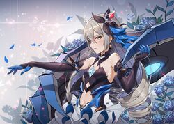  aliceblue armor armored_dress black_gloves blush breasts bronya_zaychik bronya_zaychik_(herrscher_of_reason) bug butterfly center_opening cowboy_shot crossed_bangs dress drill_hair earrings elbow_gloves female glint gloves grey_hair hair_ornament highres honkai_(series) honkai_impact_3rd jewelry layered_dress long_hair looking_afar multicolored_clothes multicolored_dress navel open_mouth petals project_bunny quad_drills signature small_breasts solo 