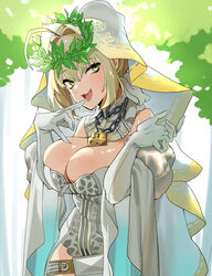  :d absurdres ahoge banssee bare_shoulders belt blonde_hair breasts bridal_veil chains cleavage commentary fate/extra fate/extra_ccc fate_(series) female gloves green_eyes hair_intakes highres korean_commentary large_breasts laurel_crown lock looking_at_viewer nero_claudius_(bride)_(fate) nero_claudius_(bride)_(third_ascension)_(fate) nero_claudius_(fate) open_mouth smile solo teeth tongue tongue_out veil white_gloves 