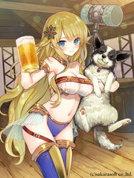  alcohol animal animal_hug armlet bad_id bad_pixiv_id bare_shoulders beer beer_mug blonde_hair blue_eyes blue_thighhighs blush breasts canine cleavage collar commentary_request cup female hair_ornament hammer hug long_hair mug navel revealing_clothes smile solo sucellus_(teikoku_senki) teikoku_senki thighhighs yuuki_rika 