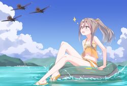  afloat aircraft airplane alternate_costume b6n_tenzan blush brown_eyes camisole cloud collarbone commentary day feet female flip-flops full_body hair_ornament hair_scrunchie high_ponytail highres innertube kantai_collection light_brown_hair long_hair looking_up marine_day midriff mountain natsuki_(gedo) navel ocean open_mouth outdoors ponytail sandals scrunchie short_shorts shorts sitting sky sleeveless soaking_feet solo sparkle swim_ring swimsuit toes water yellow_camisole yellow_footwear yellow_shorts zuihou_(kancolle) 