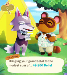  animal_crossing anthro barefoot bottomless bottomwear canid canine canis closed_eyes clothed clothing cloud currency_amount dialogue dialogue_box directional_arrow duo ellipsis english_text exclamation_point featureless_crotch feet fur green_eyes half-closed_eyes happy header header_box hi_res highlighted_text humanoid_pointy_ears information_box leaf_(animal_crossing) leaf_pattern leaf_print leaf_print_clothing leaf_print_shirt leaf_print_topwear looking_down male mammal money narrowed_eyes nintendo number open_mouth outside pattern_clothing pattern_shirt pattern_topwear plant print_clothing print_shirt print_topwear raccoon_dog round_ears shirt shorts smile standing talking_to_another tamarinfrog tanuki tent text text_box text_emphasis tom_nook_(animal_crossing) tongue topwear tree wolf 