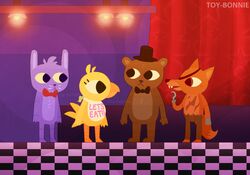  2019 animatronic anthro avian bear bird bonnie_(fnaf) bow_(feature) bow_tie brown_bear canid canine chica_(fnaf) chicken clothing digital_media_(artwork) eye_patch eyewear female five_nights_at_freddy&#039;s fox foxy_(fnaf) freddy_(fnaf) galliform gallus_(genus) group hat headgear headwear lagomorph leporid machine male mammal night_in_the_woods phasianid rabbit robot scottgames top_hat toy-bonnie ursine 