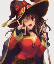  bandages belt black_hair breasts brown_belt cape collarbone commentary_request dress female fingerless_gloves gloves hat highres kono_subarashii_sekai_ni_shukufuku_wo! korean_commentary long_sleeves looking_at_viewer medium_breasts megumin one_eye_closed open_mouth red_eyes short_hair simple_background solo taak_choi teeth unfinished upper_teeth_only v white_background witch_hat 