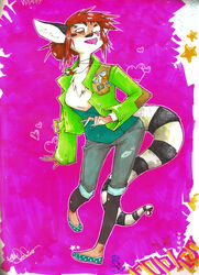 alternative_fashion bottomwear brown_eyes brown_hair button_(fastener) clothing colorful_theme denim denim_bottomwear denim_clothing female fook genet glamfur hair jacket jeans legwear long_hair mammal pants solo stripes tail tights tomhoshino topwear viverrid