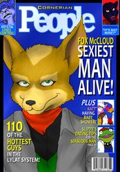 amphibian anthro blue_body blue_fur blue_hair canid canine cover english_text falco_lombardi felid fictional_magazine_cover fox fox_mccloud fredryk_phox frog fur group hair katt_monroe krystal_(star_fox) magazine_cover male mammal melanistic nintendo paintchat panther_caroso pantherine people_magazine slippy_toad star_fox text toad_(frog) white_body white_fur