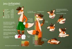 2010 animate_inanimate anthro brown_hair canid canine color_swatch english_text fox gesture green_eyes hair inflatable living_inflatable looking_at_viewer male mammal model_sheet nozzle rawr_(artist) short_hair side_view solo tail text tongue waving