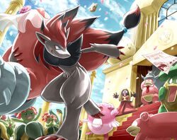 ambiguous_gender anthro aogatsu bellossom blissey bride canid canine church confetti elemental_creature female flora_fauna flower generation_1_pokemon generation_2_pokemon generation_3_pokemon generation_4_pokemon generation_5_pokemon group head_flower humanoid jynx land_forme_shaymin legendary_pokemon ludicolo male mammal necktie nintendo outside pillar plant pokemon pokemon_(species) pseudo_bottomwear pseudo_clothing pseudo_skirt roselia shaymin shellder shellder_(slowking) sky slowbro slowking slowpoke togekiss tropius wedding wedding_veil zoroark