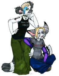 alternative_fashion anthro band_merch blonde_hair blue_eyes bottomwear chelsea_hair_cut clothed clothing collar duo felid female glamfur gorillaz goth green_eyes hair lemur looking_at_viewer mammal open_mouth pants pink_nose primate ring-tailed_lemur shirt simple_background sitting spots standing strepsirrhine stripes tail tank_top tomboy topwear white_background zeriara zeriara_(character)