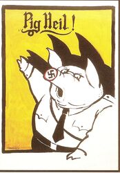 1994 anthro clothed clothing domestic_pig english_text german_text hi_res humor male mammal nazi nazi_salute nazi_uniform necktie open_mouth pun signature slightly_chubby solo suid suina sus_(pig) swastika text tomi_ungerer uniform