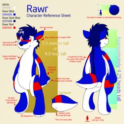 1:1 4_fingers animate_inanimate anthro blue_hair canid canine canis character_name count directional_arrow domestic_dog english_text fingers hair hi_res imperial_unit inflatable inflation living_inflatable male mammal measurements metric_unit model_sheet number rawr_(artist) red_eyes short_hair solo tail text unit wide_arrow