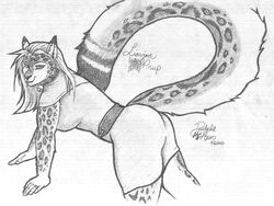 anthro ass bell belt bottomwear breasts clothed clothing collar daelyhelaxon dress ear_piercing felid female hair leopard_spots long_hair looking_at_viewer mammal monochrome pantherine piercing pose simple_background skirt smile snow_leopard solo spots tail teasing white_background