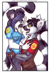 alternative_fashion anthro black_hair border bottomwear clothed clothing duo ear_piercing eye_contact female glamfur hair joel_the_lemur lemur long_hair looking_at_another male mammal pants piercing primate pyro_(team_fortress_2) ring-tailed_lemur romantic romantic_couple shirt simple_background sniper_(team_fortress_2) strepsirrhine tail team_fortress team_fortress_2 topwear valve white_background white_border zeriara zeriara_(character)