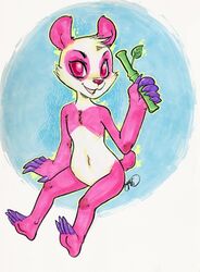 anthro bamboo bamboo_stick bear black_outline claws female full-length_portrait fur giant_panda happy hi_res looking_at_viewer mammal marker_(artwork) opiumrevolution outline paws pink_body pink_eyes pink_fur portrait solo traditional_media_(artwork)