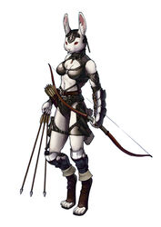 afd-yred anthro armor arrow_(weapon) biped bow_(weapon) clothed clothing digitigrade female footwear fur gauntlets gloves handwear headgear helmet holding_object holding_weapon kouta lagomorph leporid mammal quiver_(object) rabbit ranged_weapon red_eyes simple_background skimpy solo standing unconvincing_armor weapon white_background white_body white_fur