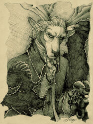 anthro antlers clothed clothing cross-hatching deer duo finalflight frown fur hair hatching_(art) horn looking_at_viewer male mammal monochrome scowl sepia shaded signature sketch solo_focus undead vampire