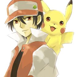 1:1 baseball_cap black_hair clothed clothing dipstick_ears duo ear_markings feral fur generation_1_pokemon hair hat headgear headwear human long_ears looking_aside looking_at_viewer male mammal multicolored_ears nintendo nude open_mouth open_smile pikachu pokemon pokemon_(species) pokemon_trainer raised_tail red&#039;s_pikachu red_(pokemon) red_eyes rodent shirt short_hair simple_background size_difference smile tail tan_body tan_skin topwear usao white_background yellow_body yellow_fur