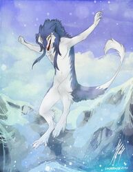 2010 anthro biped casual_nudity jumping male mammal markus_(dowantanaccount) mountain nude outside sergal snow solo tail vagabondbastard