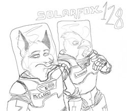 anthro avian bird canid canine duo falco_lombardi falcon_lambardo fox fox_mccloud fredryk_phox fuchs_mccleod male mammal monochrome nintendo paintchat parody pretendo simple_background solar_fox star_fox white_background