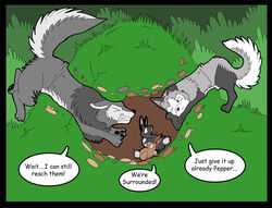 arm_support ass canid canine canis den dialogue digital_media_(artwork) english_text feral group leaning_on_elbow male mammal nude outside stuck tail text tree_(artist) wolf