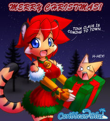 anthro big_breasts black_stripes blue_eyes box breasts caribbean_blue christmas clothed clothing container costume detailed_background domestic_cat duo felid feline felis female fur gift hair holidays in_box in_container mammal merry_christmas nekonny nekonny_(fursona) night orange_body orange_fur pantherine red_hair santa_costume sky star starry_sky stripes tail tiger tina_(caribbean_blue) toony