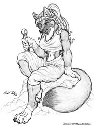 2004 4_toes 5_fingers anthro barefoot biped bottomwear breasts canid canine claws clothed clothing dipstick_tail feet female fingers fox fur gloves_(marking) greyscale hair holding_object kanna_(pokemon) long_hair looking_at_viewer mammal markings midriff monochrome multicolored_tail muscular muscular_anthro muscular_female pants ponytail richard_foley rock shirt simple_background sitting solo tail tail_markings toe_claws toes topwear white_background