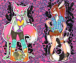 2000s_theme 2010 alternative_fashion anthro bassariscus belt_buckle beverage blouse blue_eyes boots brown_eyes brown_hair buckle canid canine cellphone clock clothing coffee colorful_theme duo electronics female feral flip_phone fook footwear fox fur glamfur gyaru hair holding_leash holding_object j-fashion leaf leash long_hair mammal neon phone pink_body pink_fur plaid procyonid reptile ring-tailed_cat sandals scalie sparklefur tail tomhoshino topwear watch