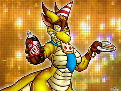 4:3 abstract_background badgerben beverage breasts cake clothing dessert dragon ear_piercing female food furaffinity hat headgear headwear horn looking_at_viewer mascot mythological_creature mythological_scalie mythology naturally_censored necktie non-mammal_breasts piercing pizza product_placement rednef scalie simple_background soda solo tail