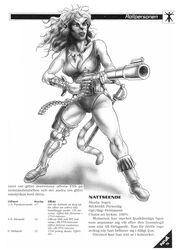 1987 biped claw_necklace claws clothing cybernetic_leg cybernetic_limb cybernetics felid female fighting_pose greyscale gun hi_res holding_object holding_weapon leotard machine mammal melee_weapon monochrome mutant:_after_ragnarok mutant_(franchise) nils_gulliksson_(artist) official_art pose ranged_weapon role-playing_game simple_background solo swedish swedish_text sword tail text translated trophy_necklace weapon white_background