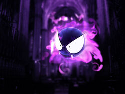 4:3 ambiguous_gender big_eyes church fangs flying front_view gastly generation_1_pokemon inside nintendo open_mouth pokemon pokemon_(species) purple_body purple_gas solo sphere_creature teeth toony unknown_artist wallpaper