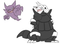 2009 aggron ambiguous_gender duo feral floating_hands generation_1_pokemon generation_3_pokemon ghost haunter horn nintendo open_mouth pokemon pokemon_(species) semi-anthro simple_background spirit tail tongue trashdogeking undead white_background