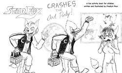 activity_book anthro avian beak bird canid canine college english_text falco_lombardi female fox fox_mccloud fredryk_phox fur group hair krystal_(star_fox) male mammal monochrome nintendo paintchat school simple_background star_fox star_fox_crashes_the_art_party tail text white_background