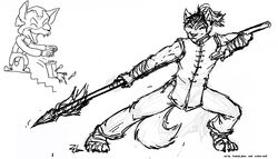 anthro asian canid canine duo fox fox_mccloud fredryk_phox holding_object holding_weapon male mammal melee_weapon monochrome nintendo paintchat polearm schizowolf simple_background spear star_fox tail weapon white_background